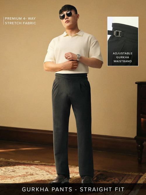 Gurkha Pants: Charcoal Grey Stripes Men Super Flex Pants