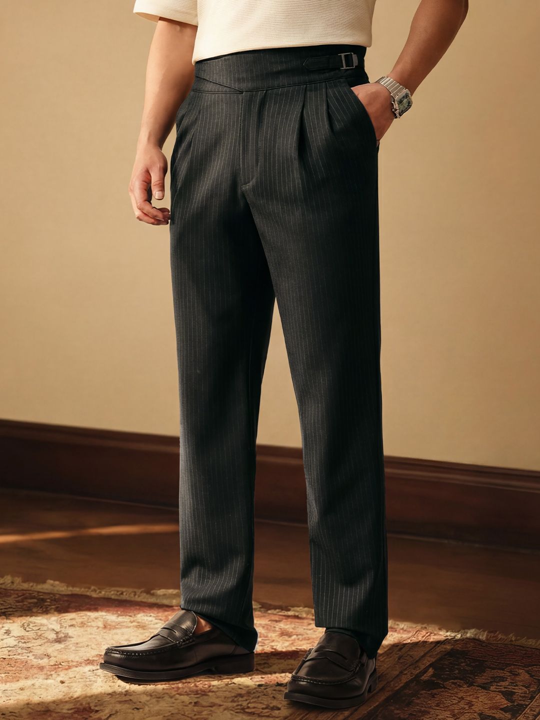 Gurkha Pants: Charcoal Grey Stripes Men Super Flex Pants