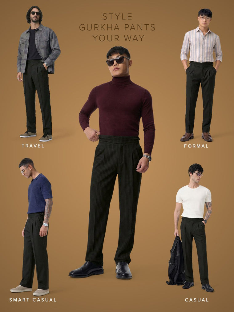 Gurkha Pants: Charcoal Grey Stripes Men Super Flex Pants