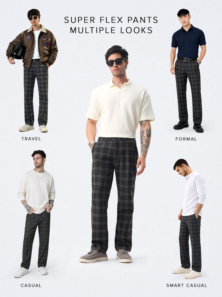 Super Pants: Dark Grey Checks Men Super Flex Pants
