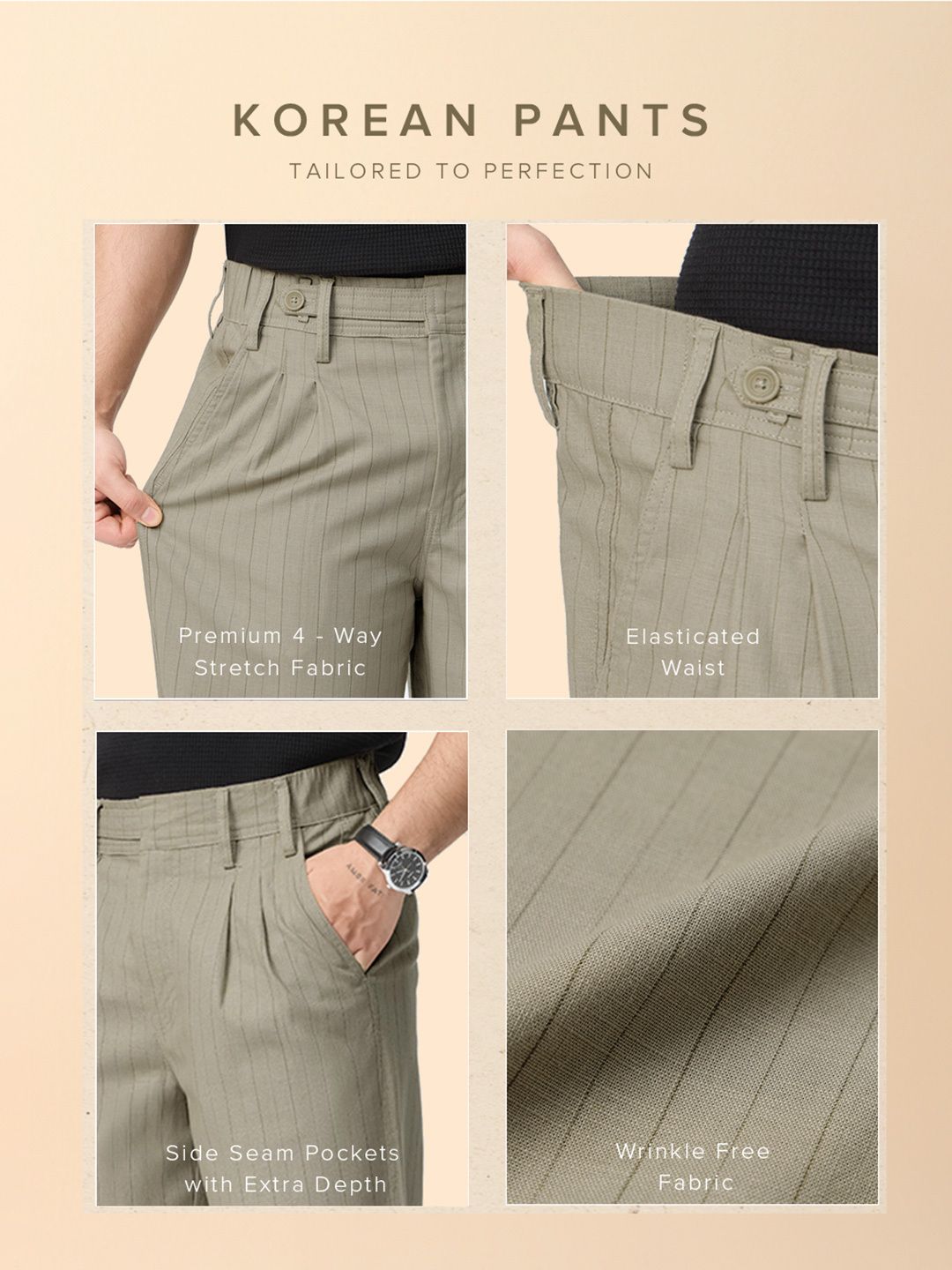 Pleated Striped Pants: Khaki Men Korean Pants