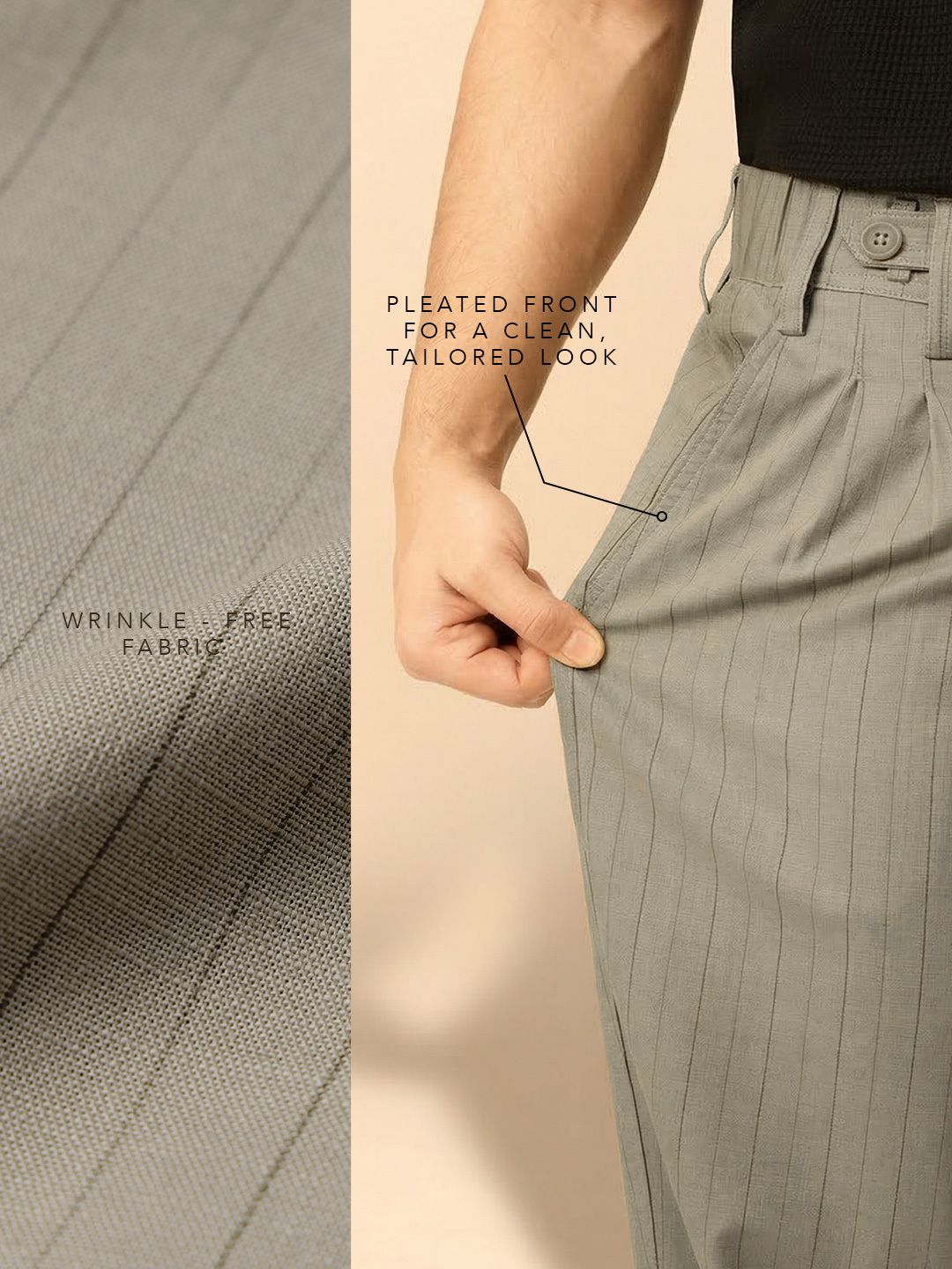 Pleated Striped Pants: Khaki Men Korean Pants