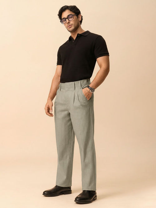Pleated Striped Pants: Khaki Men Korean Pants