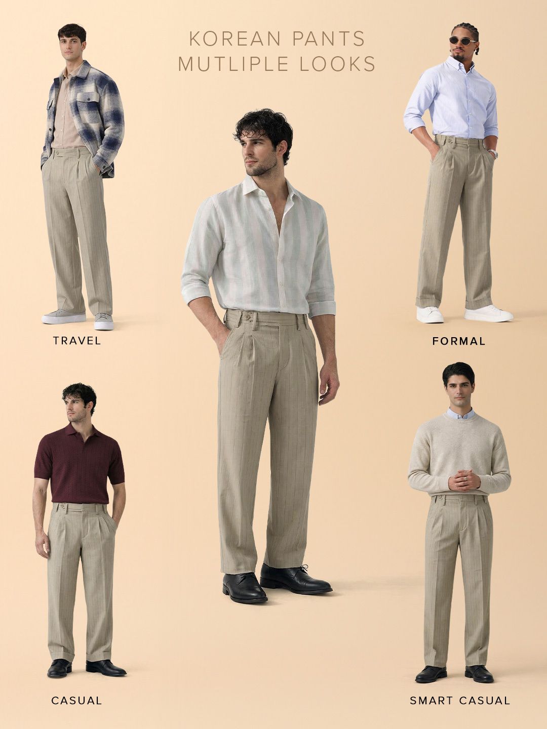Pleated Striped Pants: Khaki Men Korean Pants