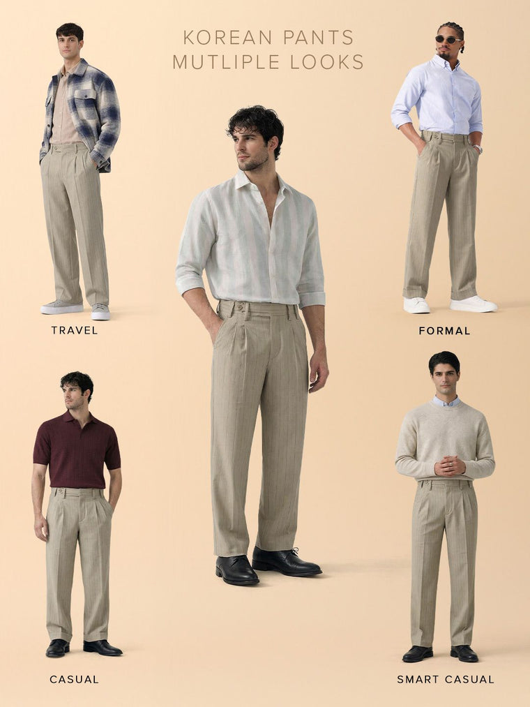 Pleated Striped Pants: Khaki Men Korean Pants