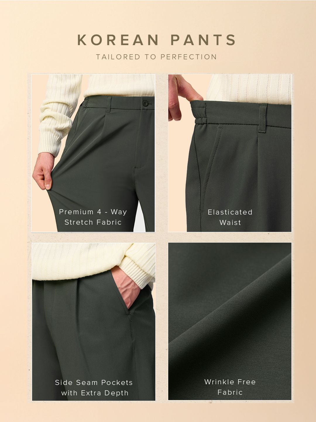 Korean Pants: Dark Olive Men Korean Pants