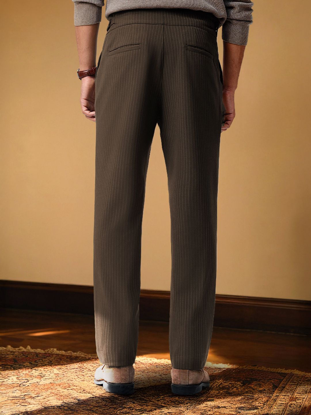 Gurkha Pants: Pecan Brown Stripes Men Super Flex Pants