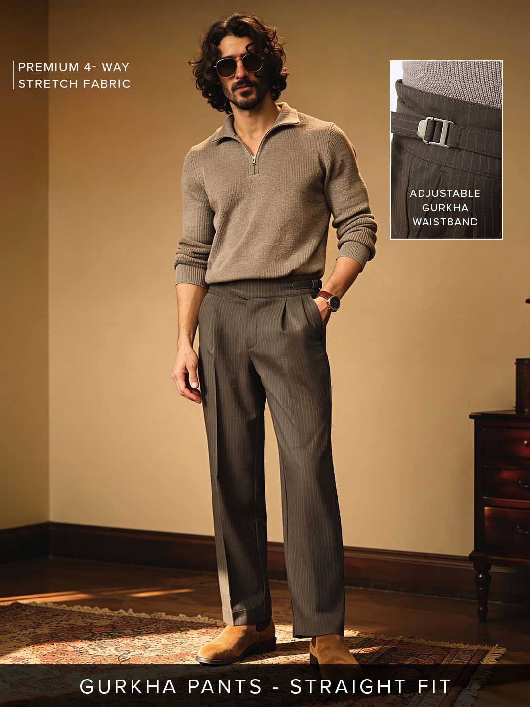 Gurkha Pants: Pecan Brown Stripes Men Super Flex Pants