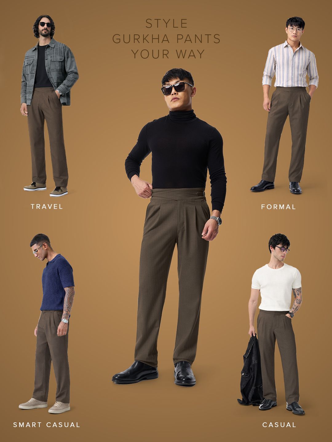 Gurkha Pants: Pecan Brown Stripes Men Super Flex Pants