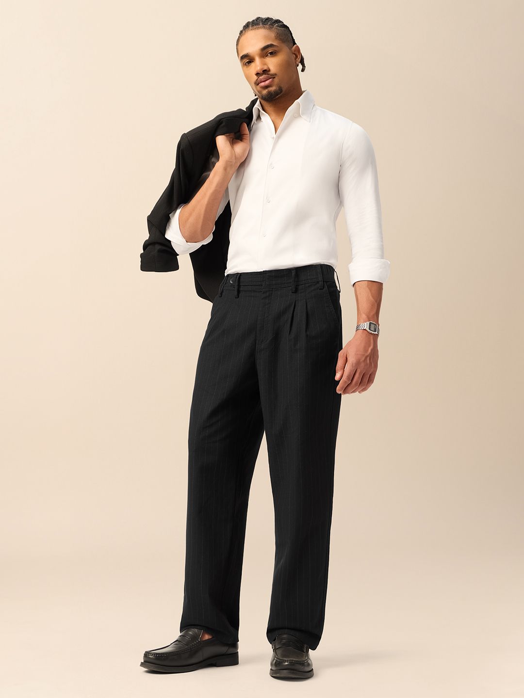 Pleated Striped Pants: Black Men Korean Pants