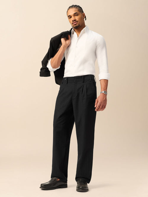 Pleated Striped Pants: Black Men Korean Pants