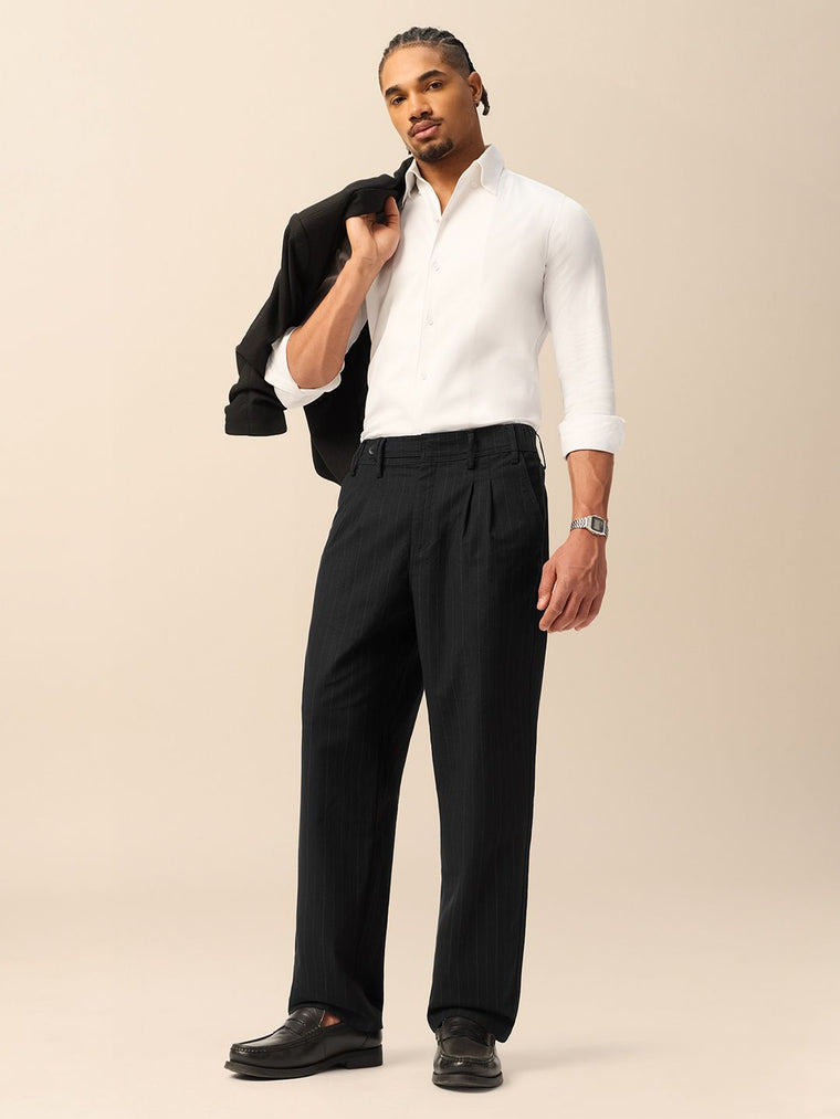Pleated Striped Pants: Black Men Korean Pants