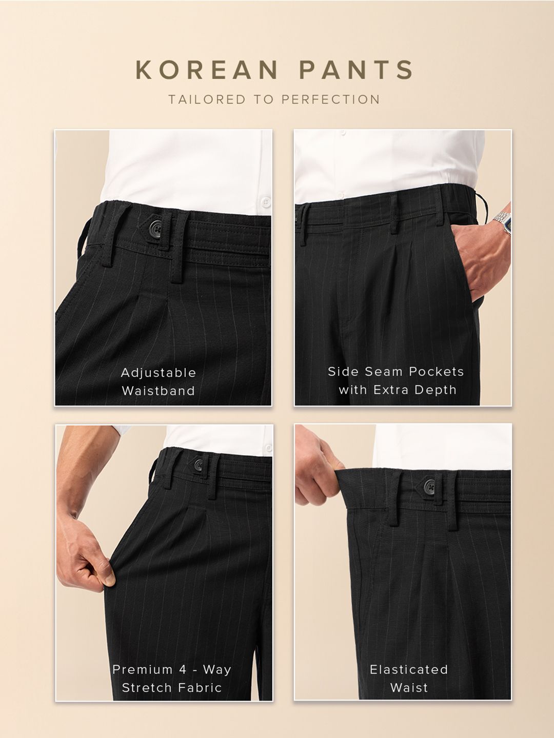 Pleated Striped Pants: Black Men Korean Pants