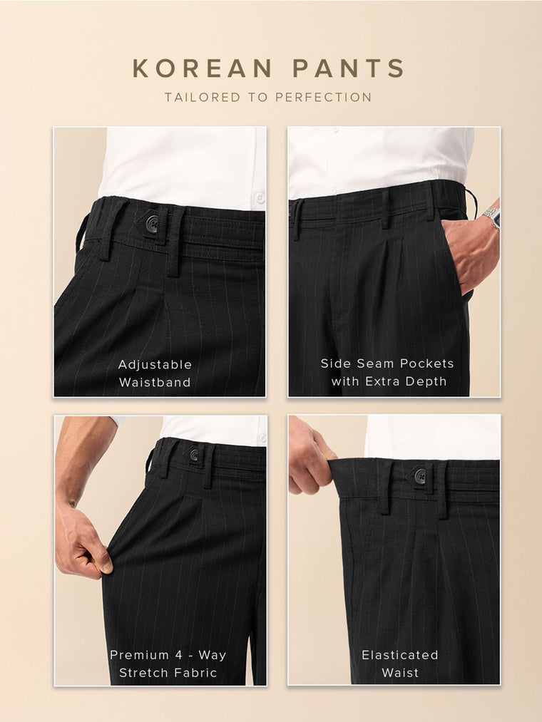 Pleated Striped Pants: Black Men Korean Pants
