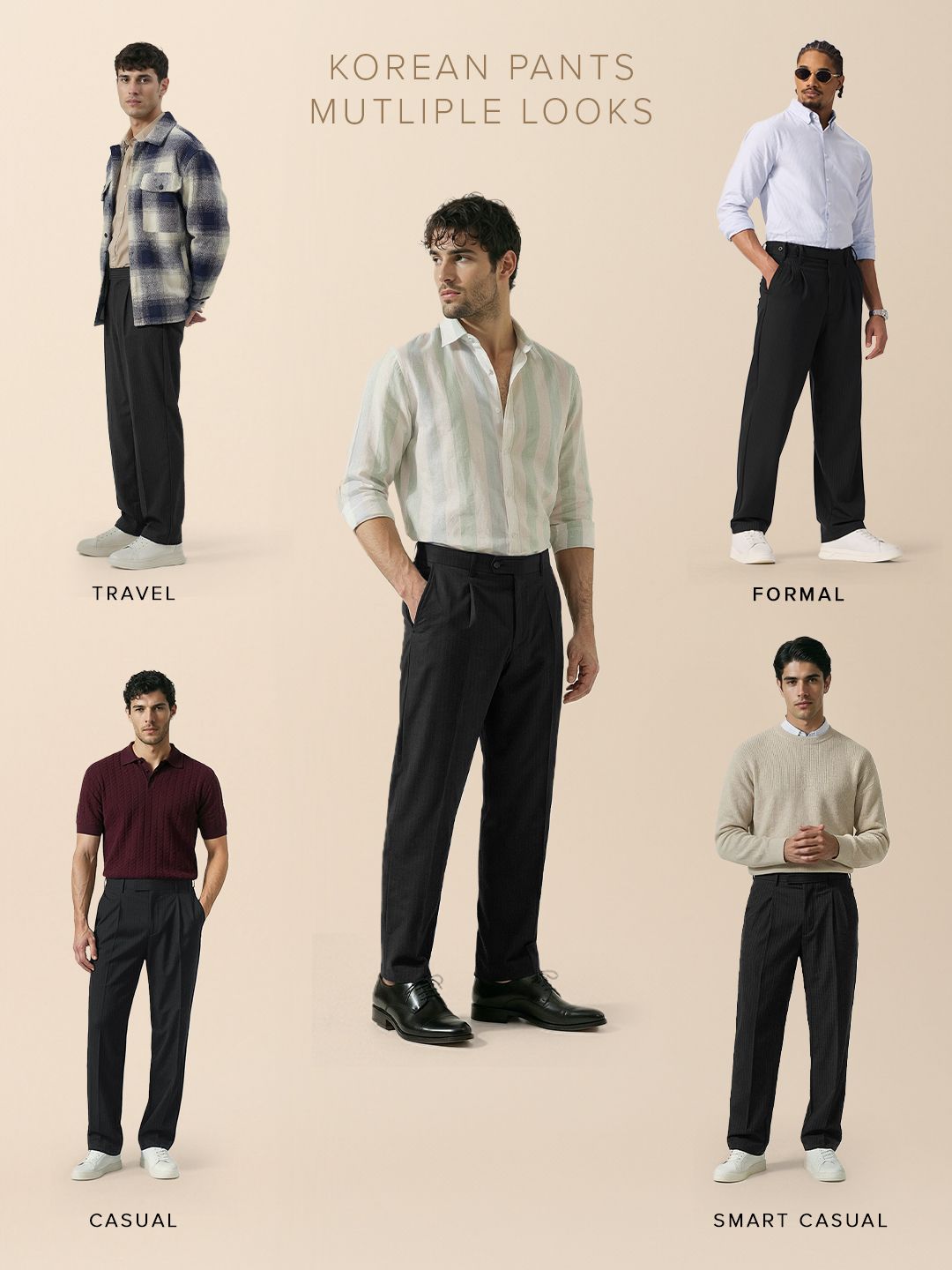 Pleated Striped Pants: Black Men Korean Pants