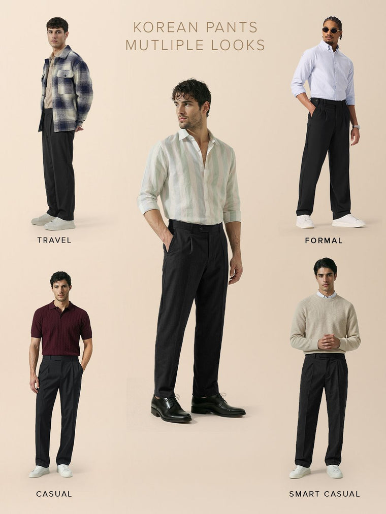 Pleated Striped Pants: Black Men Korean Pants