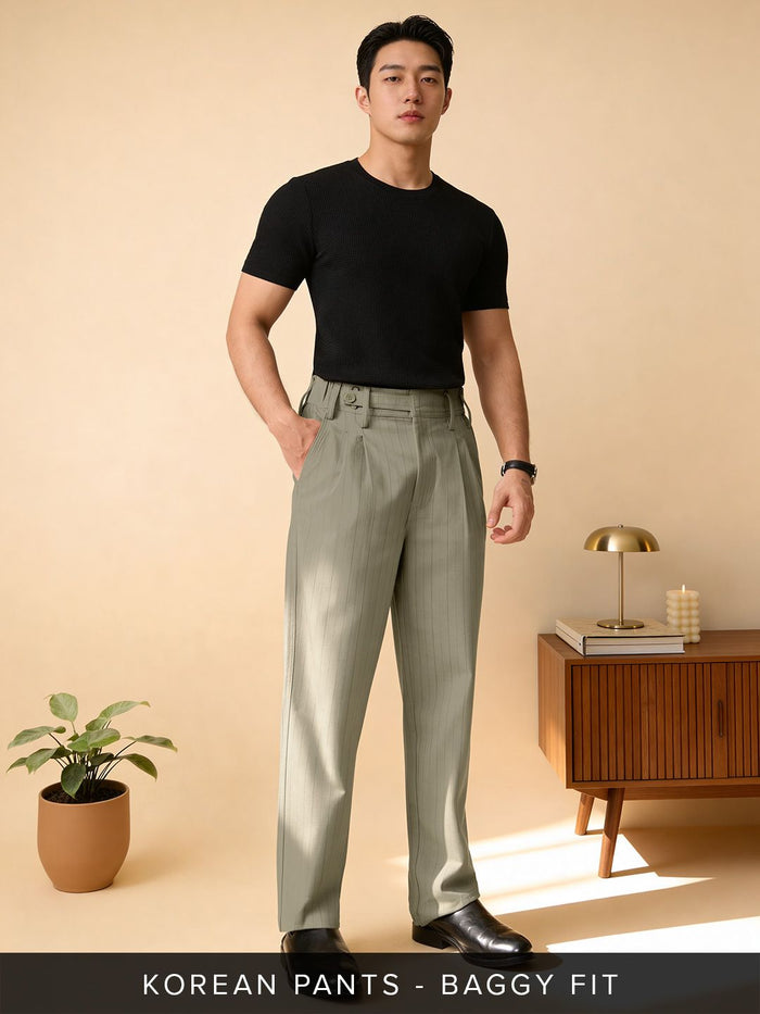 Pleated Striped Pants: Khaki Men Korean Pants