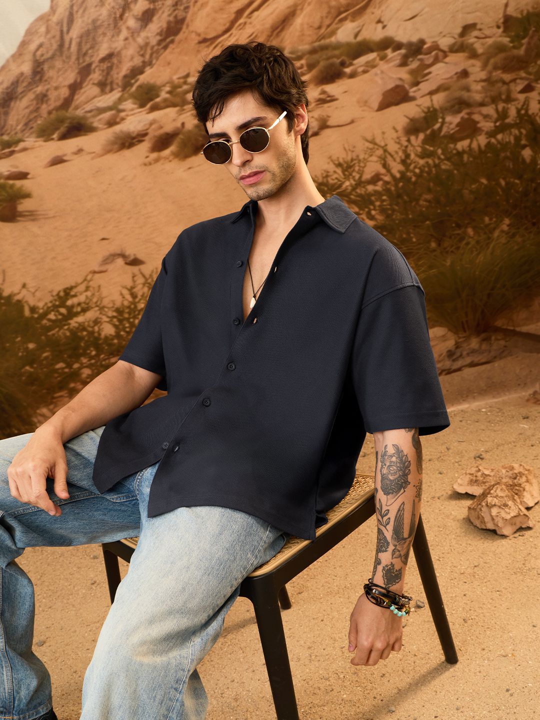 Oversized Shirt: Deep Sapphire Men Textured Shirts