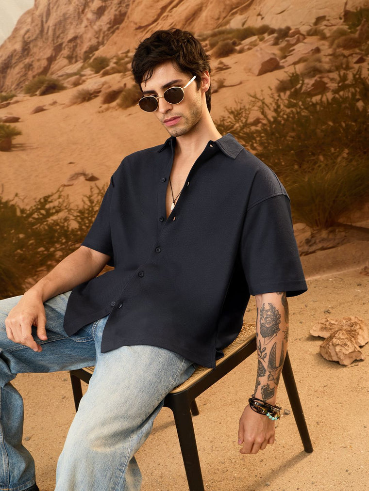 Oversized Shirt: Deep Sapphire Men Textured Shirts