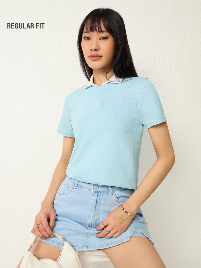 Regular Solids: Baby Blue Women Regular T-Shirts