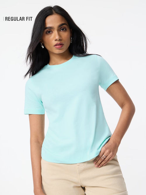 Regular Solids: Light Aqua Women Regular T-Shirts