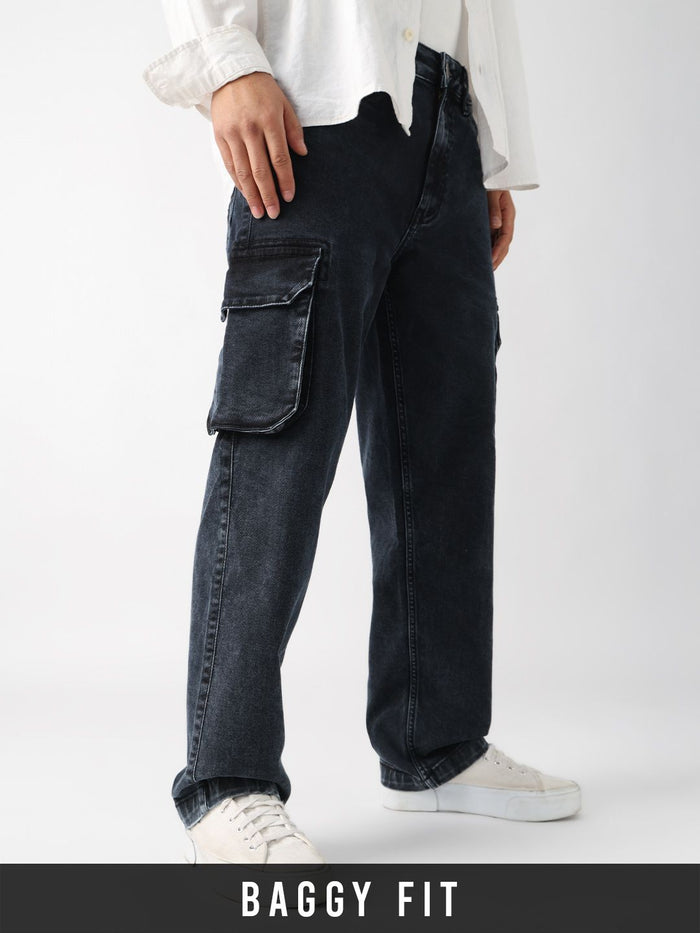 Baggy-Fit Denim: Black Stone Men Cargo Jeans
