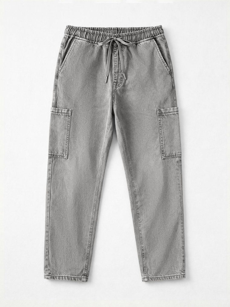 Pull On Denims: Dusky Grey Men Cargo Jeans