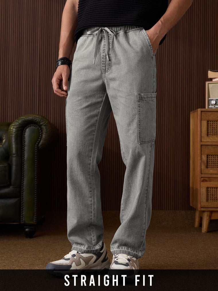 Pull On Denims: Dusky Grey Men Cargo Jeans