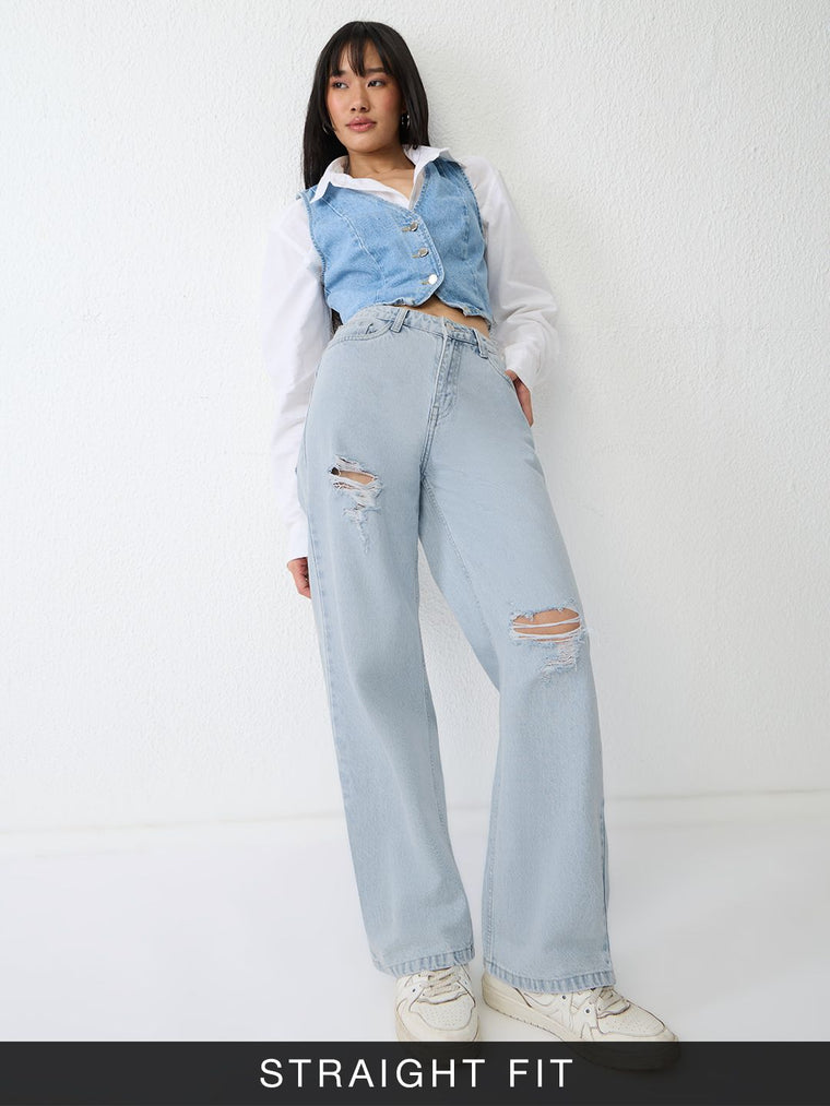 Distressed Denim: Polar Ice Women Straight Denims