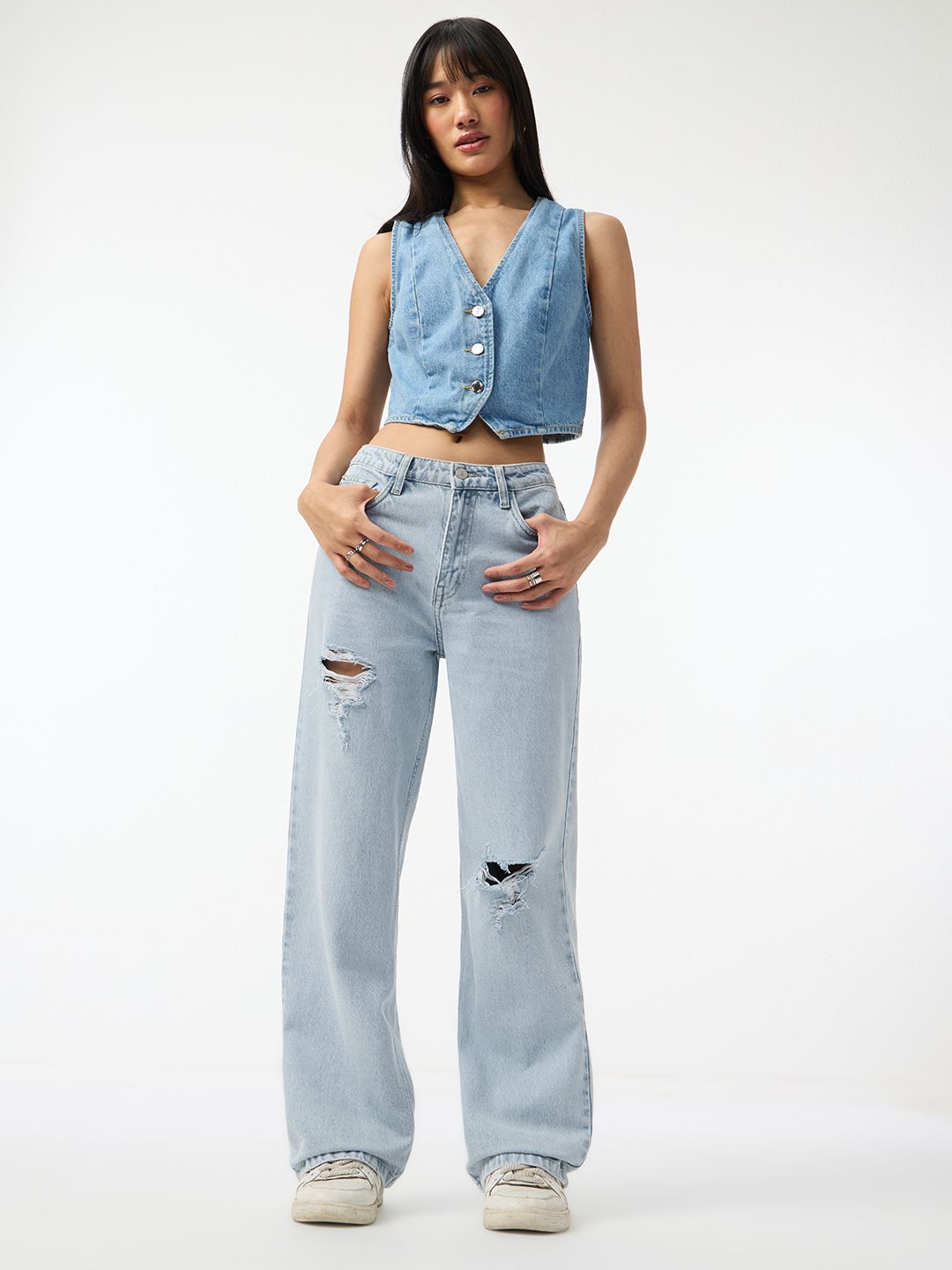 Distressed Denim: Polar Ice Women Straight Denims