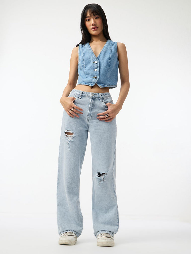 Distressed Denim: Polar Ice Women Straight Denims