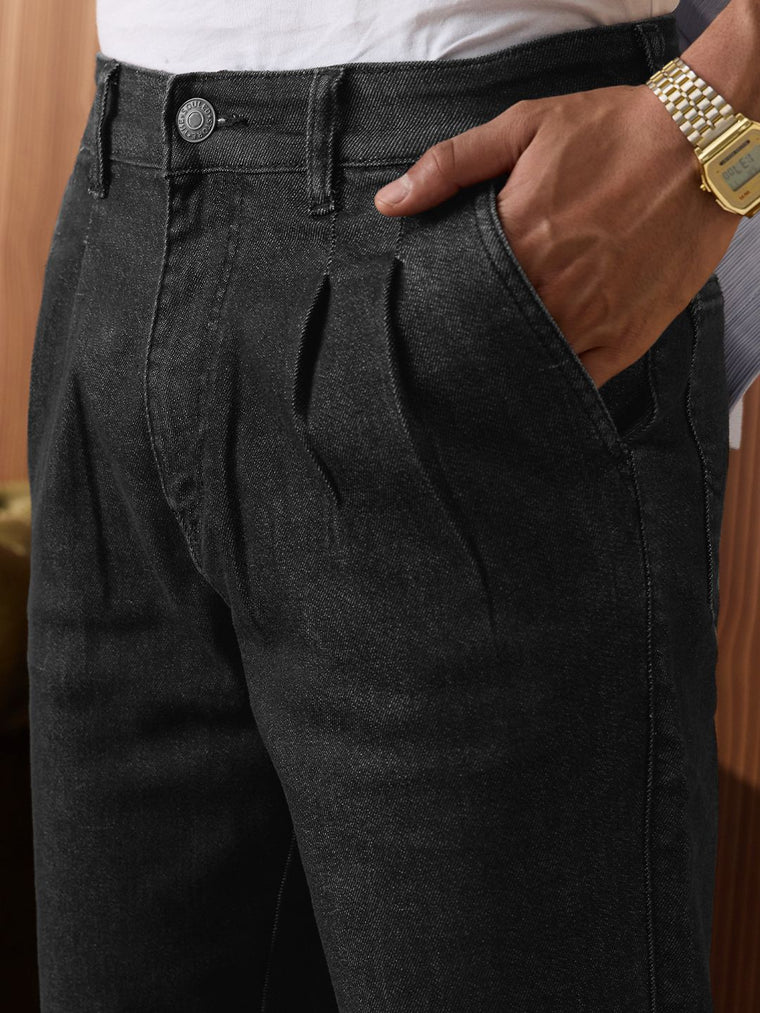 Pleated Denim: Charcoal Men Straight Fit Jeans