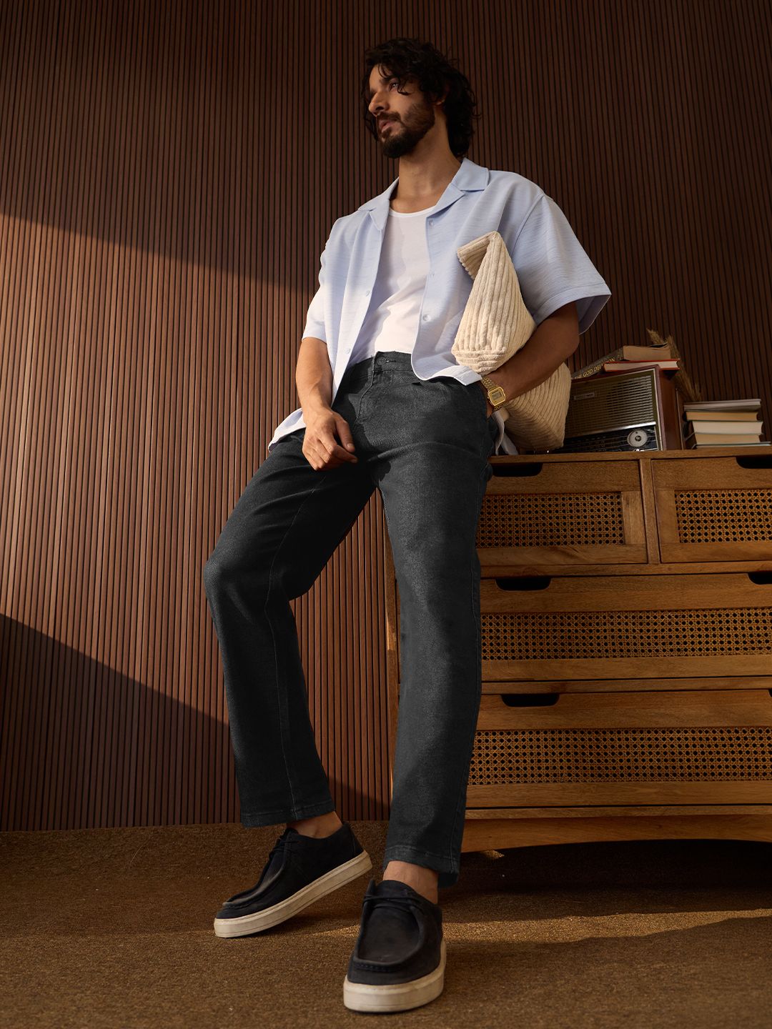 Pleated Denim: Charcoal Men Straight Fit Jeans