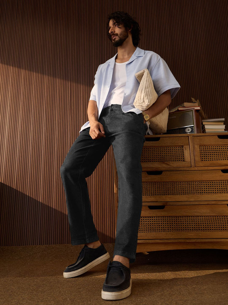 Pleated Denim: Charcoal Men Straight Fit Jeans