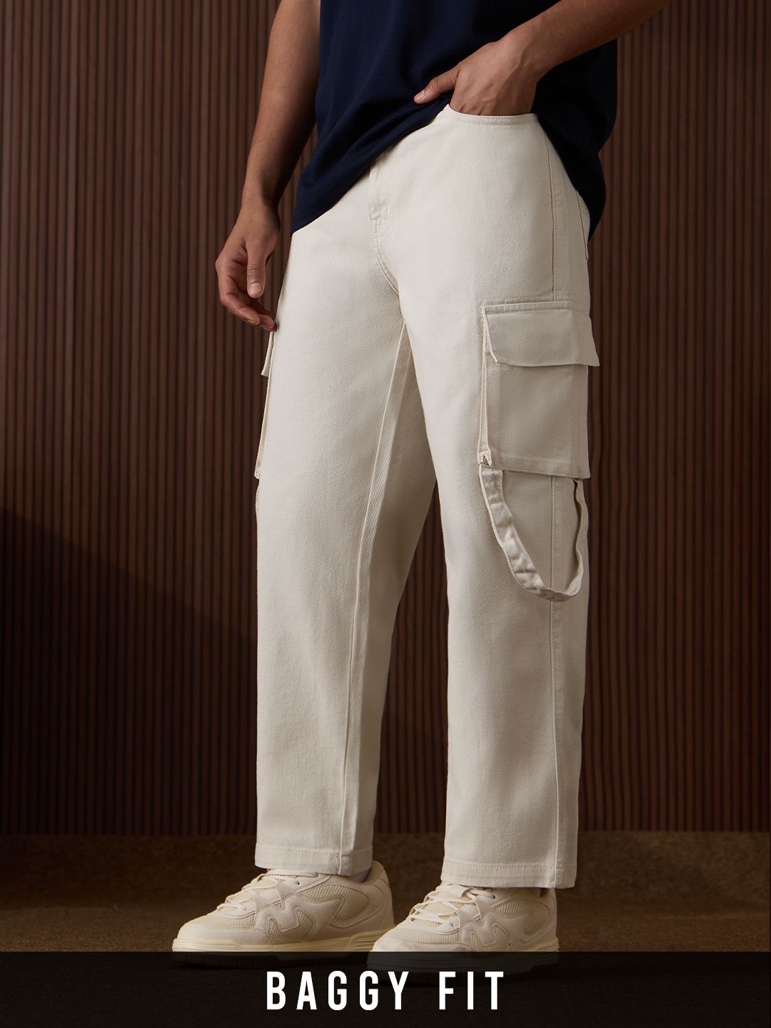 Denim: Beige (Baggy Fit) Men Cargo Jeans