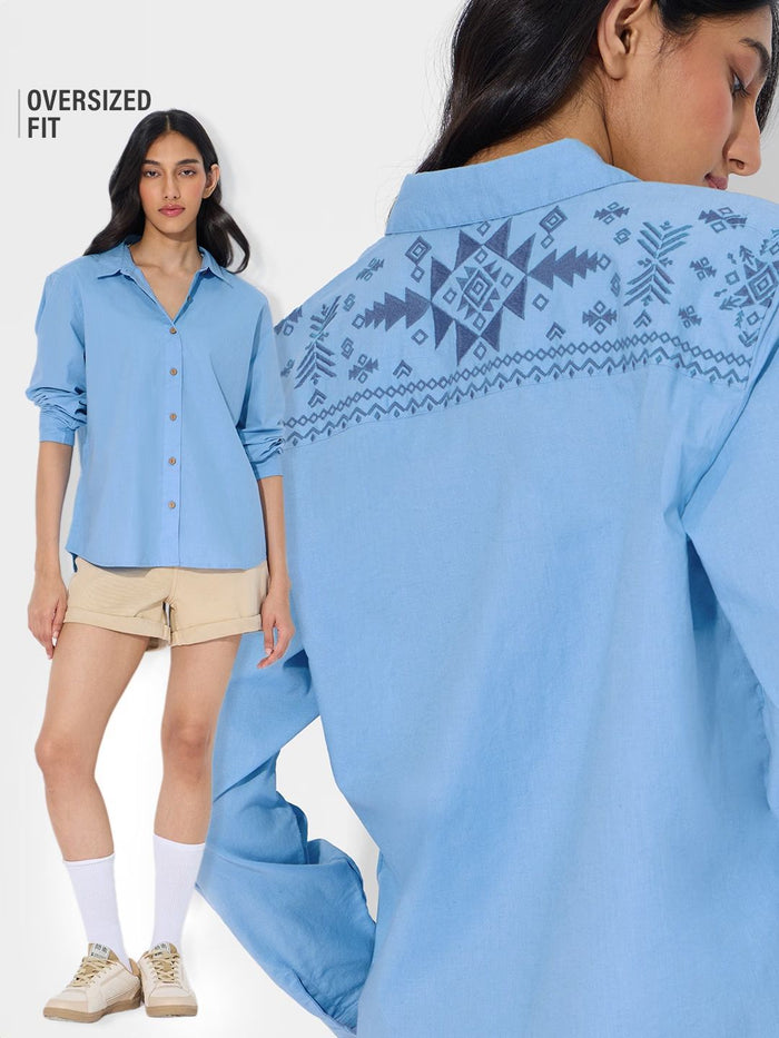 Cotton Linen Shirt: Beach Blue Women Oversized Shirts