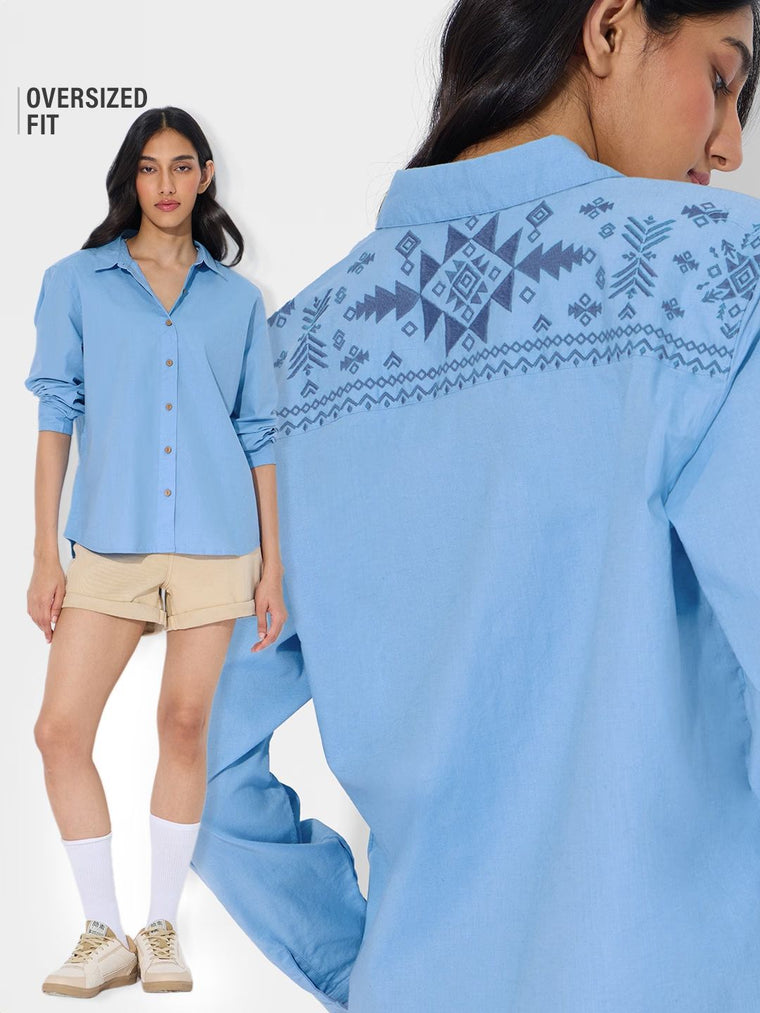 Cotton Linen Shirt: Beach Blue Women Oversized Shirts