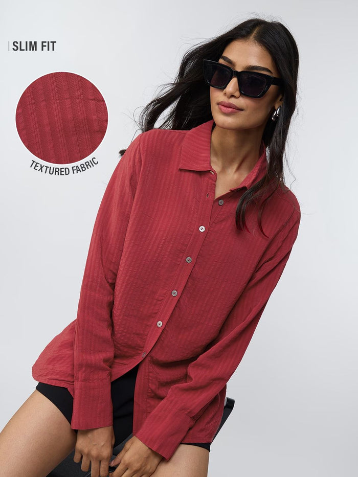 Side Rouching Shirt: Red Women Fitted Shirts