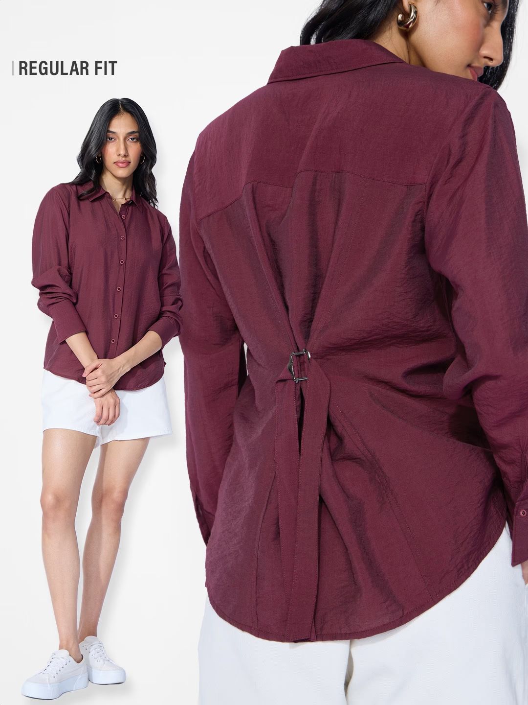 Back Tie Up Shirt: Claret Women Regular Shirts