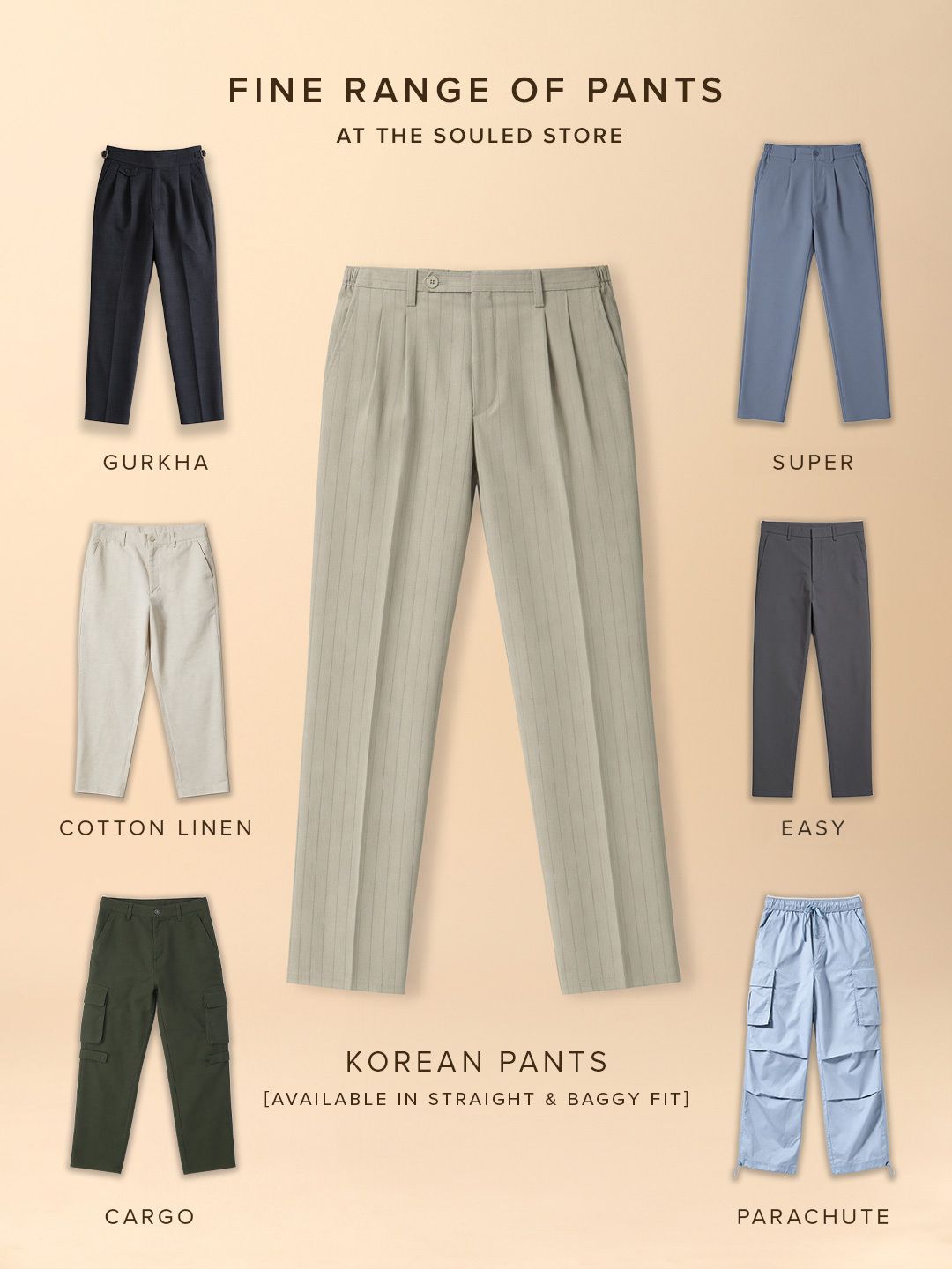 Pleated Striped Pants: Khaki Men Korean Pants