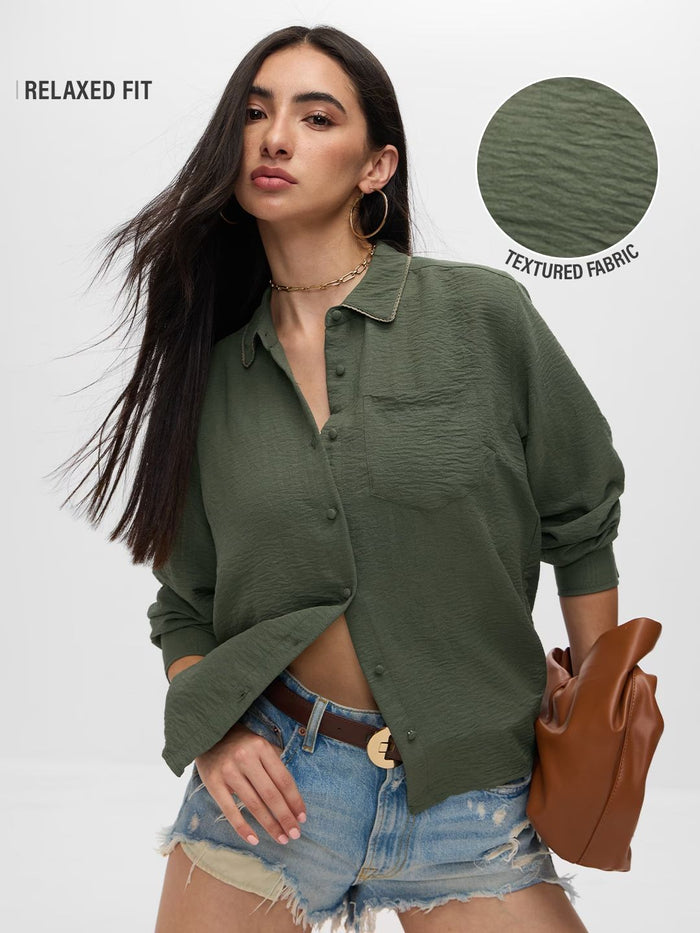 Textured Shirt: Hunter Green Women Relaxed Shirts