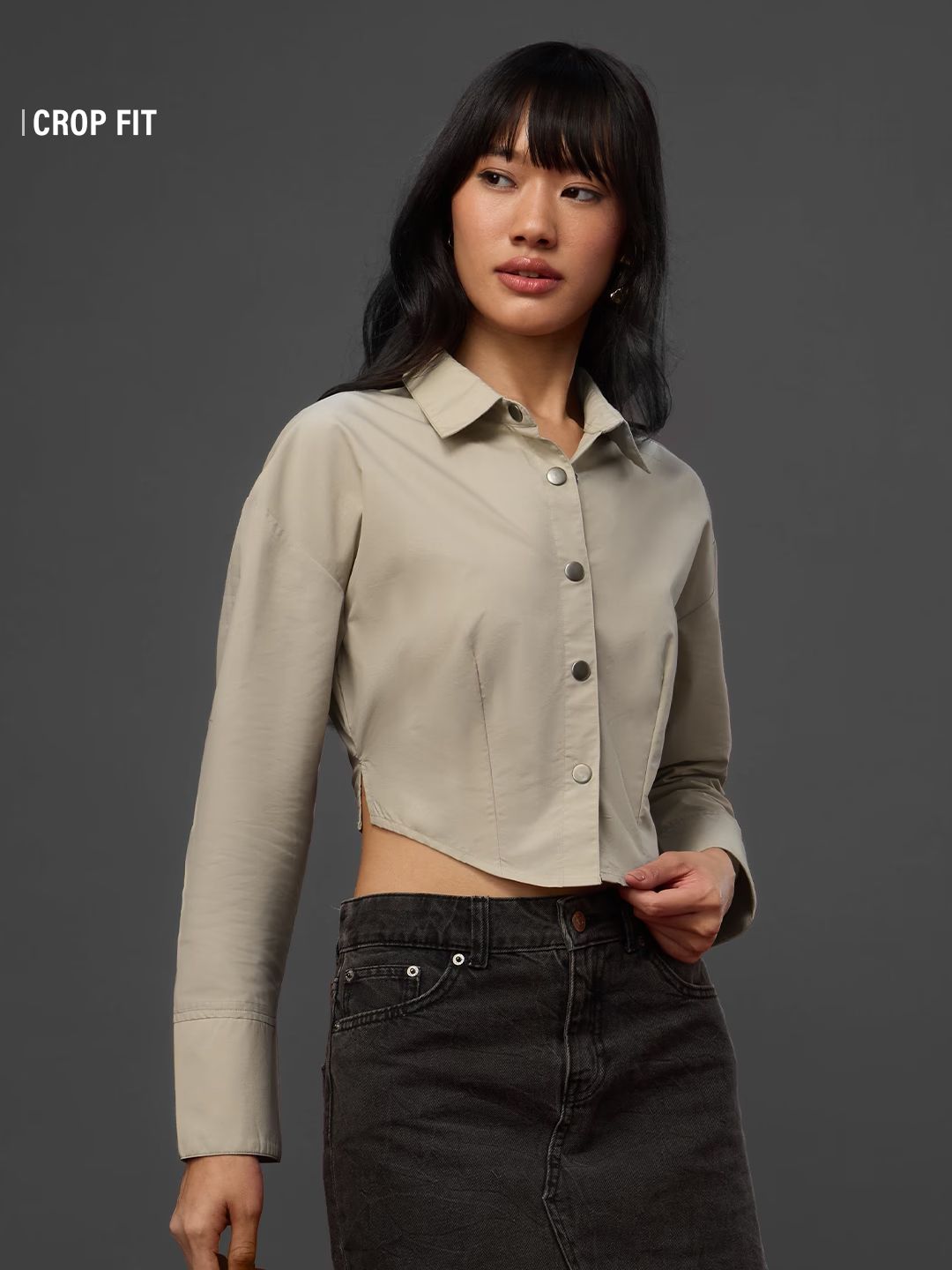 Cropped Shirt: Macadamia Women Cropped Shirts