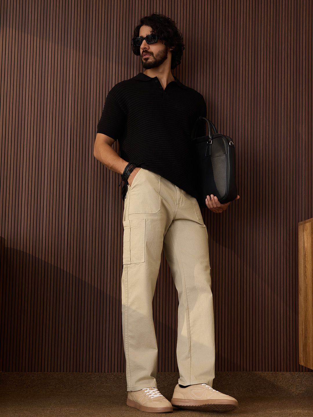 Solids: Light Beige (Straight Fit) Men Cargo Jeans