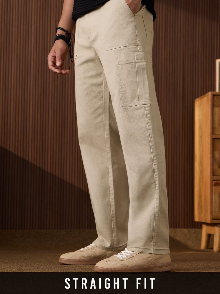 Solids: Light Beige (Straight Fit) Men Cargo Jeans