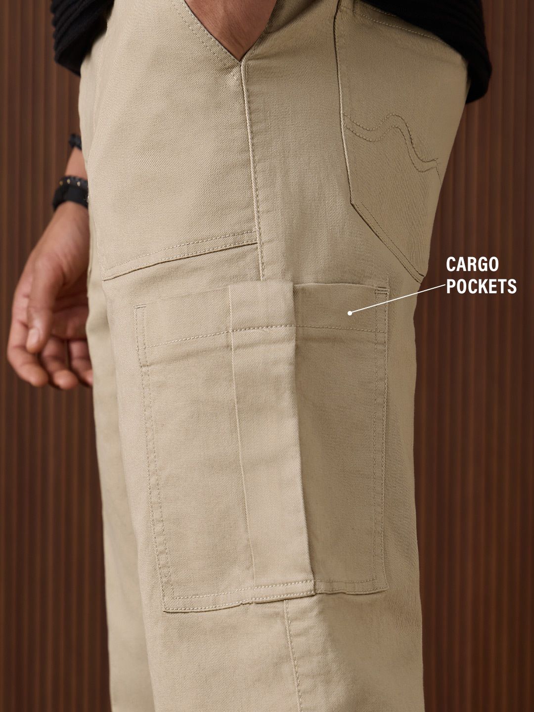Solids: Light Beige (Straight Fit) Men Cargo Jeans