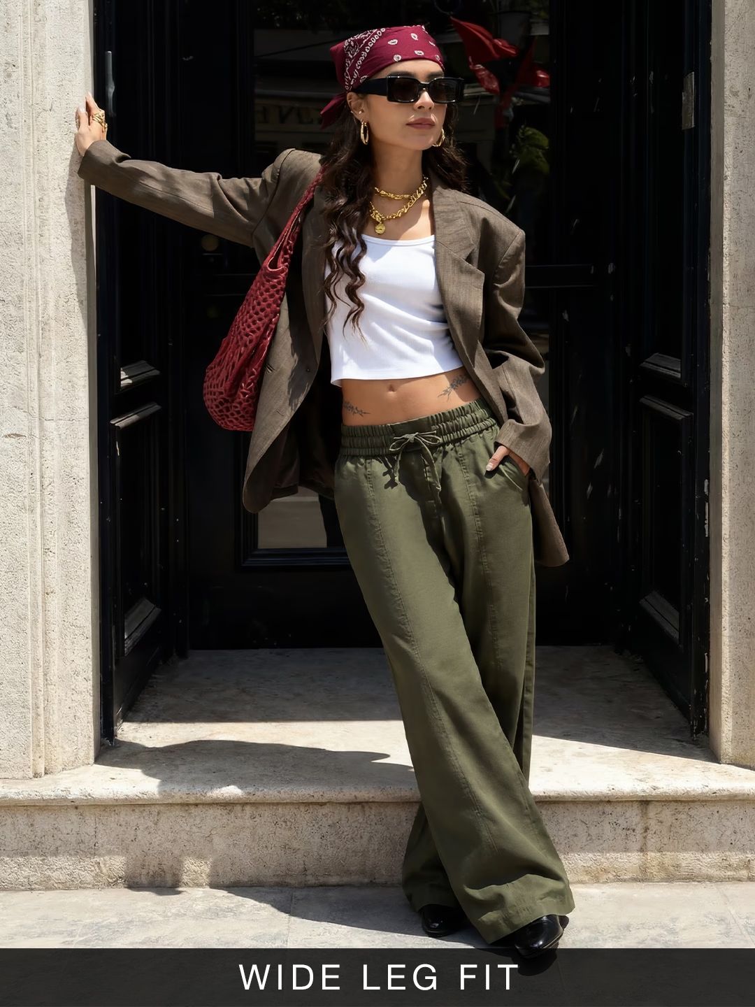 Pull On Pants: Moss Green Women Wide Pants