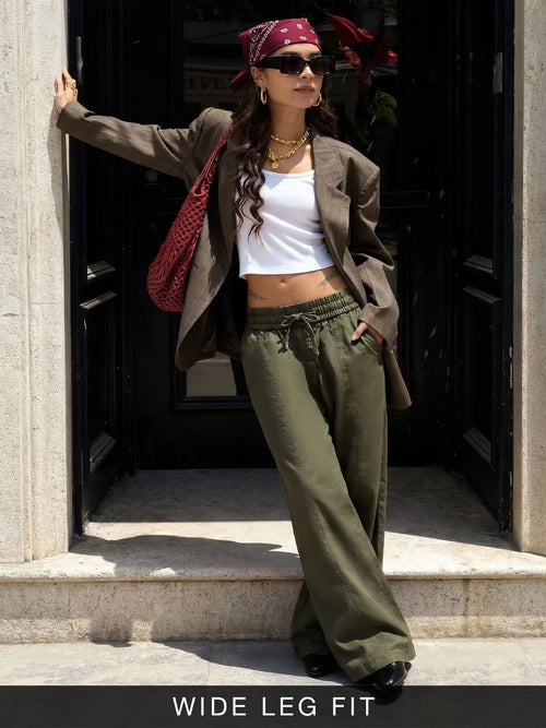 Pull On Pants: Moss Green Women Wide Pants