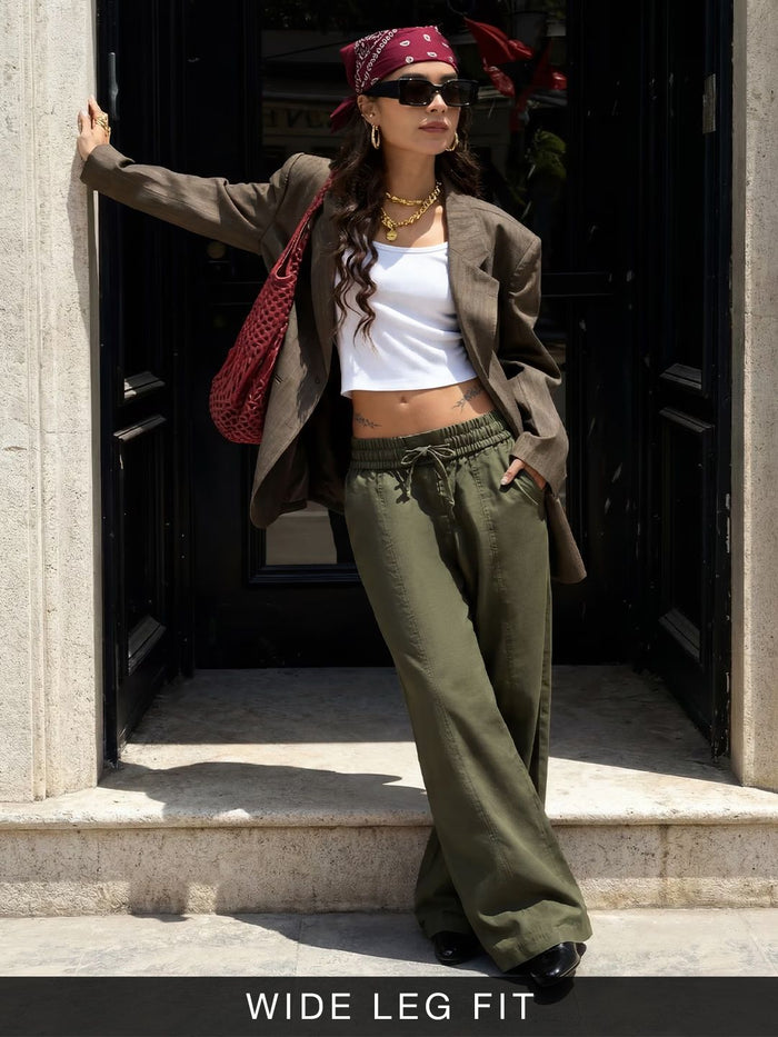 Pull On Pants: Moss Green Women Wide Pants