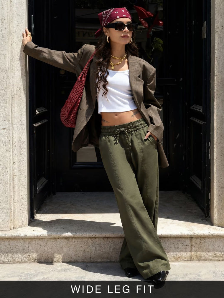 Pull On Pants: Moss Green Women Wide Pants