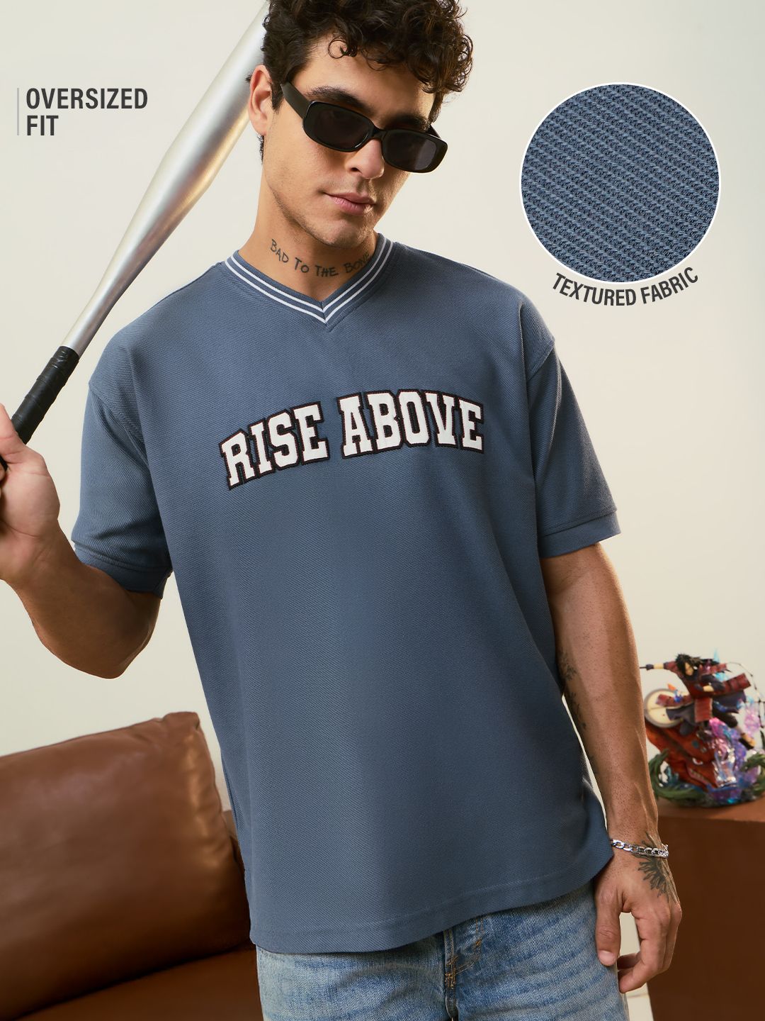 Textured T-shirt: Blue League Oversized T-Shirts